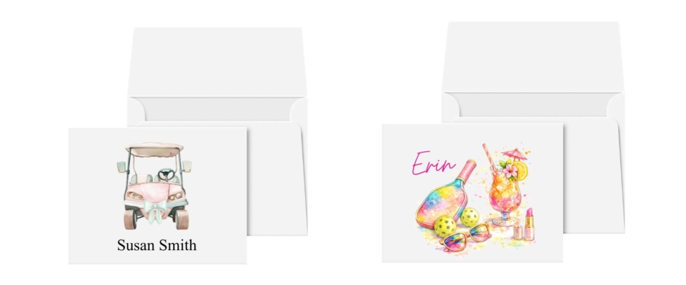 notecards with names – gold cart and pickleball